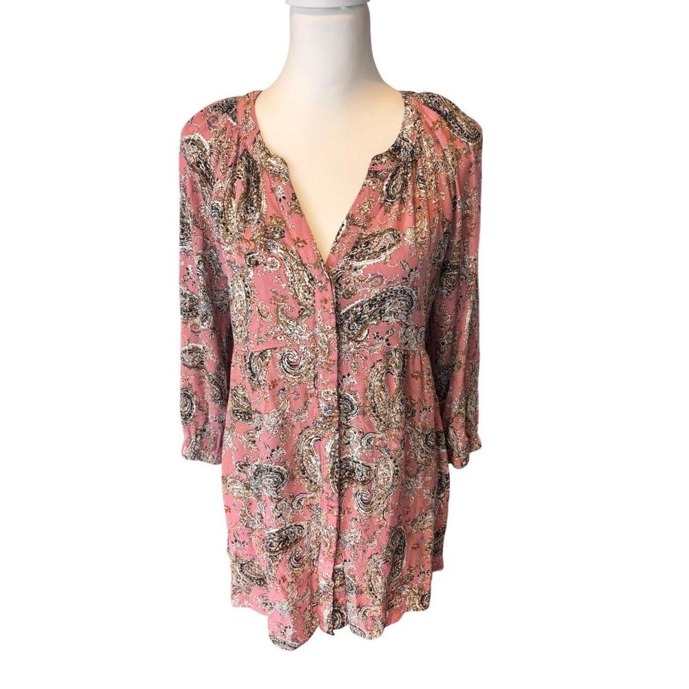 Melloday Pink Paisley Cottagecore Boho V-Neck Button Front Long Sleeve Blouse‎ L